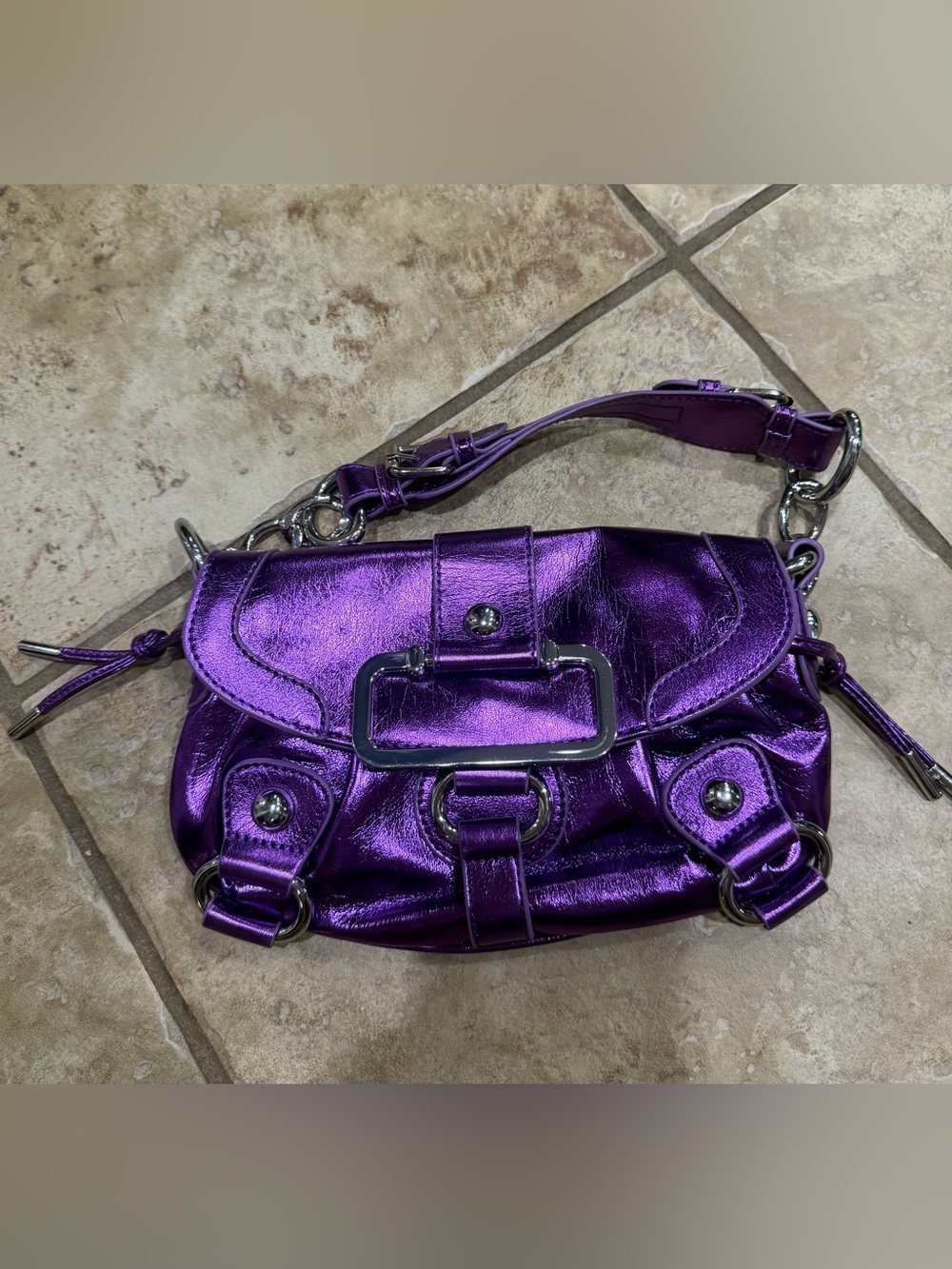 Silence + Noise Metallic Purple Y2K Top Handle Baguette Bag NWOT